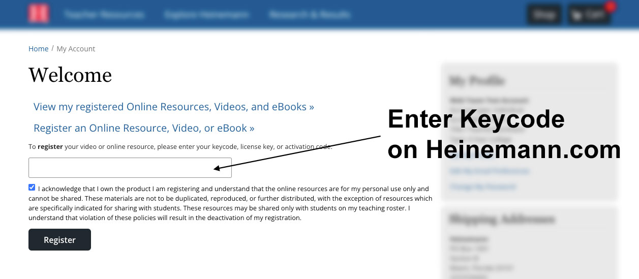 Enter keycode on Heinemann.com